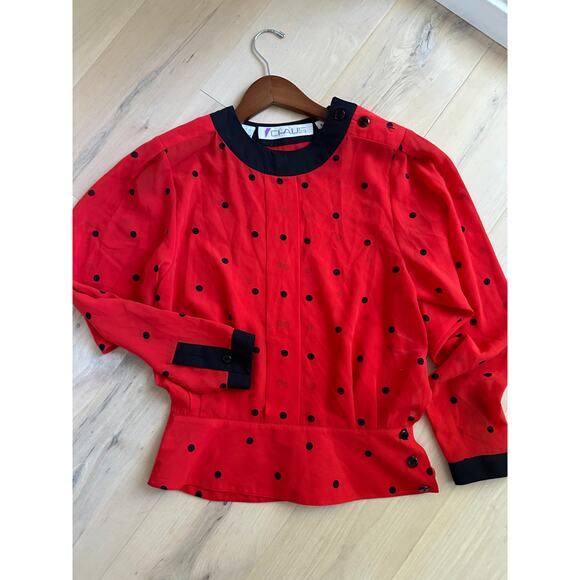 Vintage 80s Womens blouse Red/Black Polka Dot Size Small Career Business Twee - Picture 2 of 7